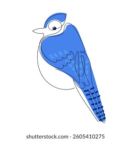 Bird line drawing with blue color decor. Blue jay. One continuous line drawing ruffled bird, Hand Drawn Vector isolated on white background. Design element. Bright bird symbol. Blue jay.
