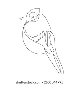 Bird line drawing. One continuous line drawing ruffled bird, Hand Drawn Cute Bird Vector sketch icon isolated on white background. Design element. Bright bird is winter symbol. Blue jay