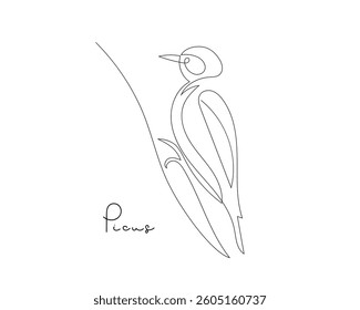 Bird line drawing. Woodpecker, forest bird sitting on branch. One continuous line drawing bird, Hand Drawn Cute Bird mascot Vector icon. Design element for sketch, logo, banner, logotype.