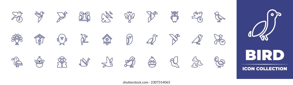 Bird line icon collection. Editable stroke. Vector illustration. Containing early, humming bird, bird, flock, holy spirit, origami, owl, peacock, bird house, chicken, seagull, raven, chick, superhero.