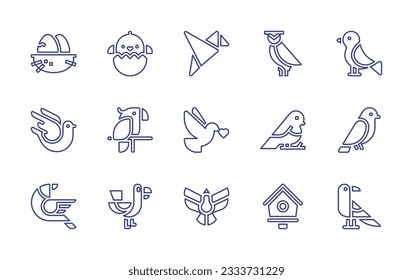 Bird line icon collection. Editable stroke. Vector illustration. Containing egg, chick, origami, owl, bird, pigeon, parrot, peace, sparrow, dove, bird house, raven.