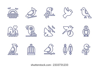 Bird line icon collection. Editable stroke. Vector illustration. Containing sunrise, cardinal, parrot, dove, bird, flock, early, bird cage, feather.