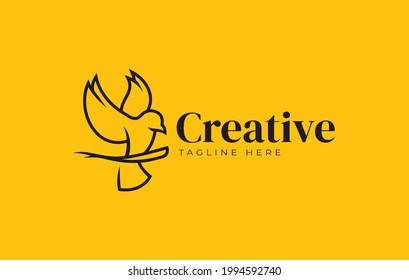 Bird line Logo Design. Illustration of flying bird with yellow background. Vector Design.