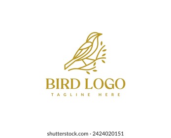 bird line logo vector illustration. bird with tree branch logo template