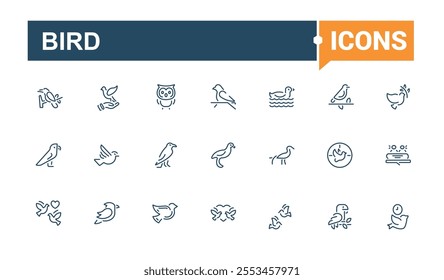 Bird linear icon collection. Related to wing, wren, wild, aviary, sparrow and more. Set of line pictogram. Editable vector icon and illustration.