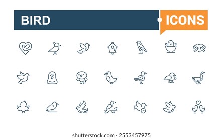 Bird linear icon collection. Related to wing, wren, wild, aviary, sparrow and more. Set of line pictogram. Editable vector icon and illustration.