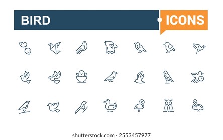 Bird linear icon collection. Related to wing, wren, wild, aviary, sparrow and more. Set of line pictogram. Editable vector icon and illustration.