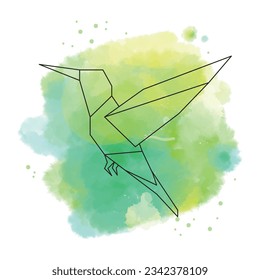 Bird linear on green watercolor background
