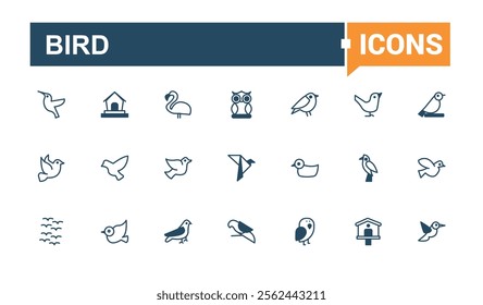 Bird lined icons set. Containing style, vet, cute, freedom, wings, fly, silhouette, fauna. Flat UI icon design. Editable vector icon and illustration.