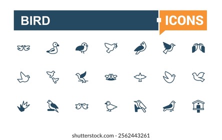 Bird lined icons set. Containing style, vet, cute, freedom, wings, fly, silhouette, fauna. Flat UI icon design. Editable vector icon and illustration.