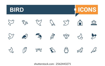 Bird lined icons set. Containing style, vet, cute, freedom, wings, fly, silhouette, fauna. Flat UI icon design. Editable vector icon and illustration.