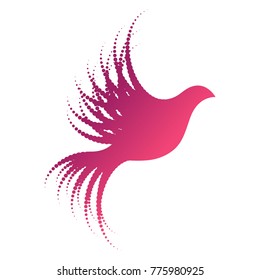Bird logo concept with dotted wings and tail. Minimalist logo design with violet gradient isolated on white background. Brand identity sign.