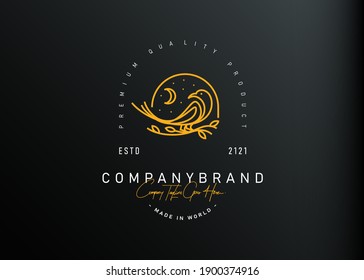 Bird logo design inspiration. Vector illustration of a bird perching on a branch at night. Modern vintage icon design template with line art style.