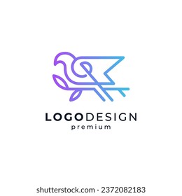 diseño de logotipo de pájaro encaramado en una rama de árbol, con estilo de arte de línea	