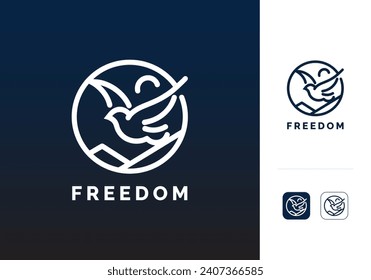 Bird Logo Design Vector Template.
Birds Flying over the Mountain Between Open Sky with Clouds and Sun Vector Illustration.
Freedom Sign or Symbol Line Art Logo Element.
Dove Or Eagle Creative Icon.