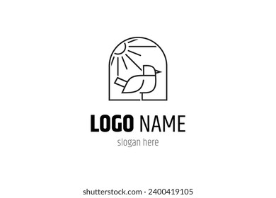 Bird logo in frame with sun rays in line art design style concept