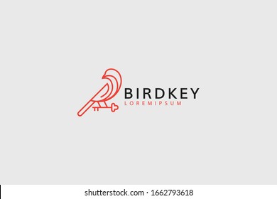 bird logo with key.  the bird perched above the house key.  Vector line art icon template