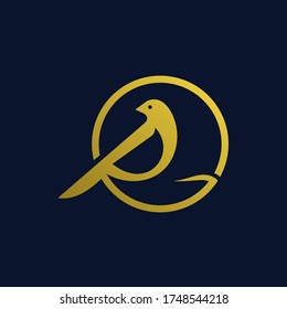 Bird logo letter R with gold color, simple and modern.