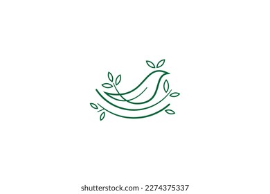 Bird logo made bird's nest decorated with natural leaves in simple line art design style