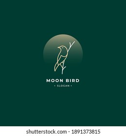 Bird logo outline branch and moon with vintage style isolated on green background. premium vector idea