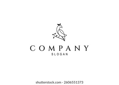 Bird logo perched on natural leaf branch in line art design style