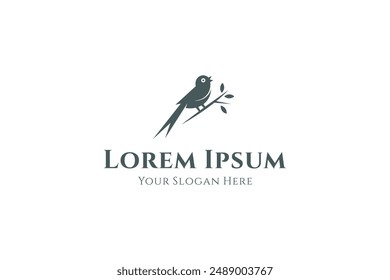 bird logo perched on tree branch in flat vector design style