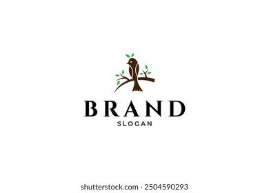 bird logo perched on tree branch in flat vector design style