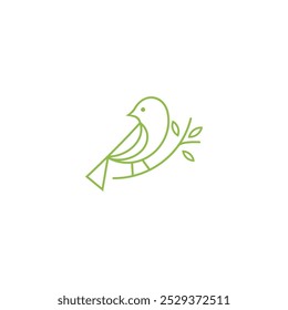 bird logo perched on twig in line art design