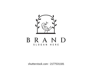 bird logo perched on window frame carrying twig or plant decorated with leaves in line art design style