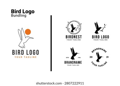 Bird Logo Set with Hummingbird Line Art Flying Sun and Vintage Circular Birdnest Branch Badge Concept Bundle