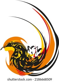 Bird logo in spiral form in black-orange tones. Emblem of chicken with tongues of flame in tribal style isolated a white background, can also be used for embroidery, fabric, stickers, web icons, etc.