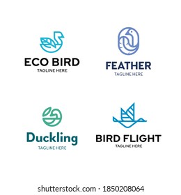 Bird logo template set. Vector logotypes with leaf and feather signs. Graphic icon labels for different branding and identity. Outline symbol illustrations of duck, swan, goose, mallard and others