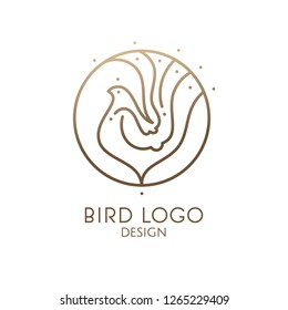 Bird logo. Vector round icon in linear style. Simple elegant emblem for business design, food industry, tattoo, jewelry, symbol of freedom, beauty, relax and yoga concept.