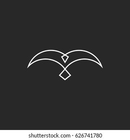 Bird logo wings symbol mockup black and white design element linear style, simple silhouette pigeon icon.