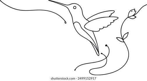 A bird with a long beak is flying over a flower. The image has a serene and peaceful mood, as the bird is soaring above the delicate flower