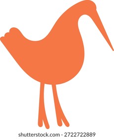 Pássaro com bico longo e pernas finas de pé no perfil, forma limpa e contorno liso. Símbolo da natureza, vida selvagem e simplicidade, evocando calma e pureza. Ilustração de vetor de desenhos animados.
