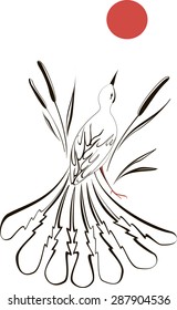 Bird looking at the moon in the reeds. EPS10 vector illustration