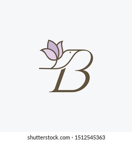 Pájaros y lotos con diseño vectorial con el logotipo de letra B, logotipo para cosmética y belleza