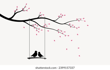 Bird in love. Birds on tree branch. Valentines day concept 