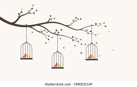 Bird in love. Bird cages on tree branch 