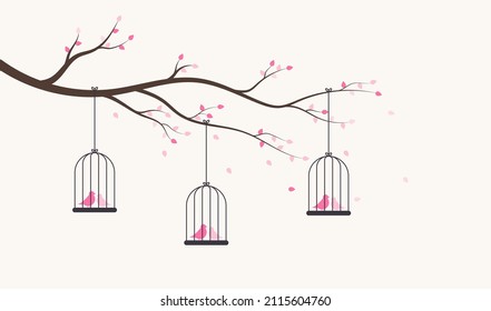 Bird in love. Bird cages on tree branch 