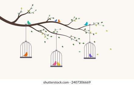 Bird in love. Bird cages on tree branch 