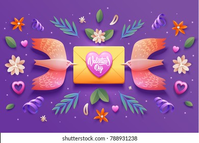 Bird love card. Happy valentines day card with symbol of heart and two birds holds on letterlovers.Wallpaper. flyers, invitation, posters, brochure, banners.