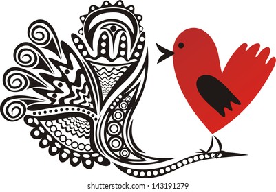 Bird love heart floral pattern red black vector illustration