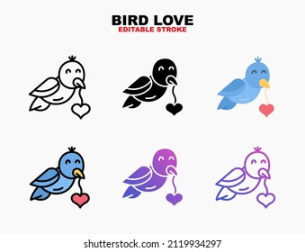 Bird love heart icon set with different styles. Editable stroke and pixel perfect. Can be used for digital product, presentation, print design and more.