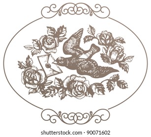 Bird with love letter and flowers