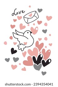 Bird, love letter, hearts, hand drawn card design, vector illustration