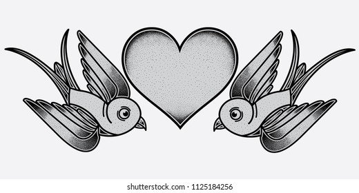 bird love tattoo flash, vector EPS 10