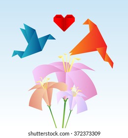Bird lovers with flowers and heart for happy valentines day. Origami style.