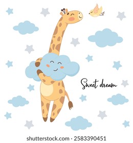 bird, lovers, long neck, cute giraffe, tall, romance, love, cute, tenderness, giraffe sticker, up to the sky, in the sky, clouds, sweet dreams, giraffe and bird, plot, cute cloud, cute bird, hanging 